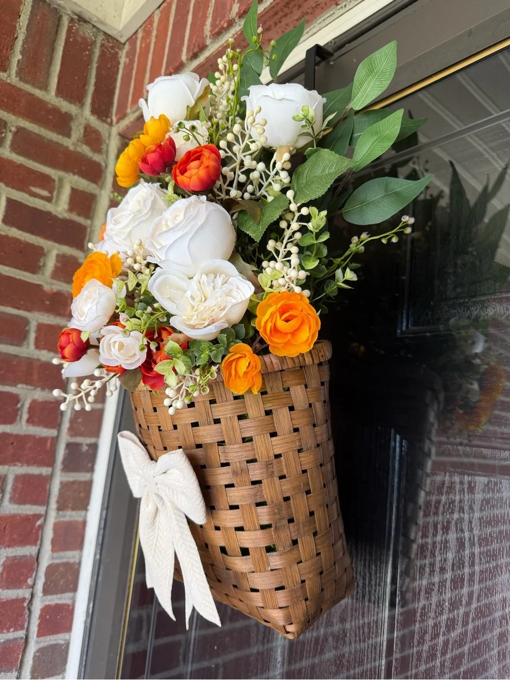 Handcrafted White, Orange & Red Floral Basket Accent